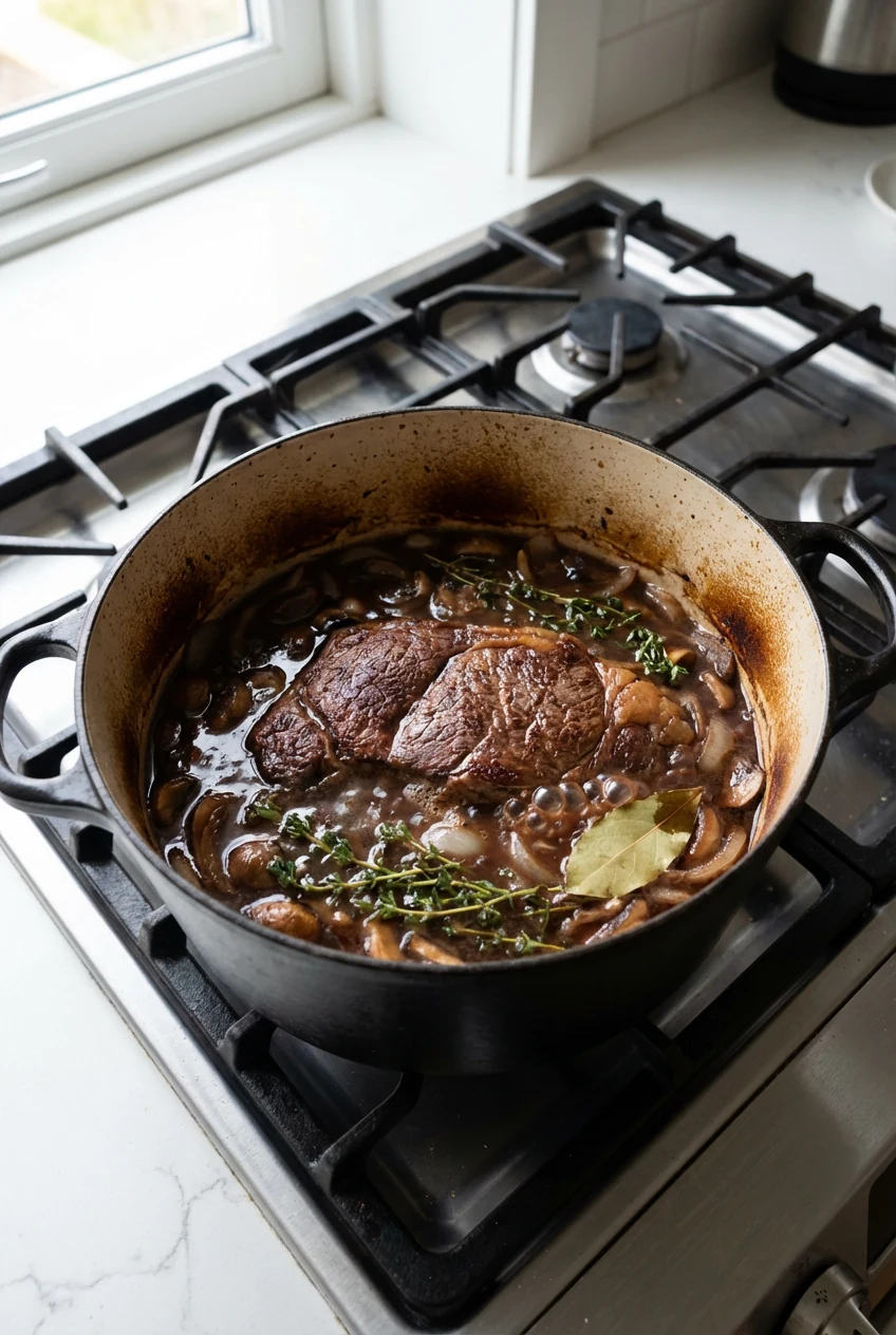 Dutch oven braise in progress: steak nestled into onion-mushroom mix with beef broth, thyme sprigs and bay leaf visible;