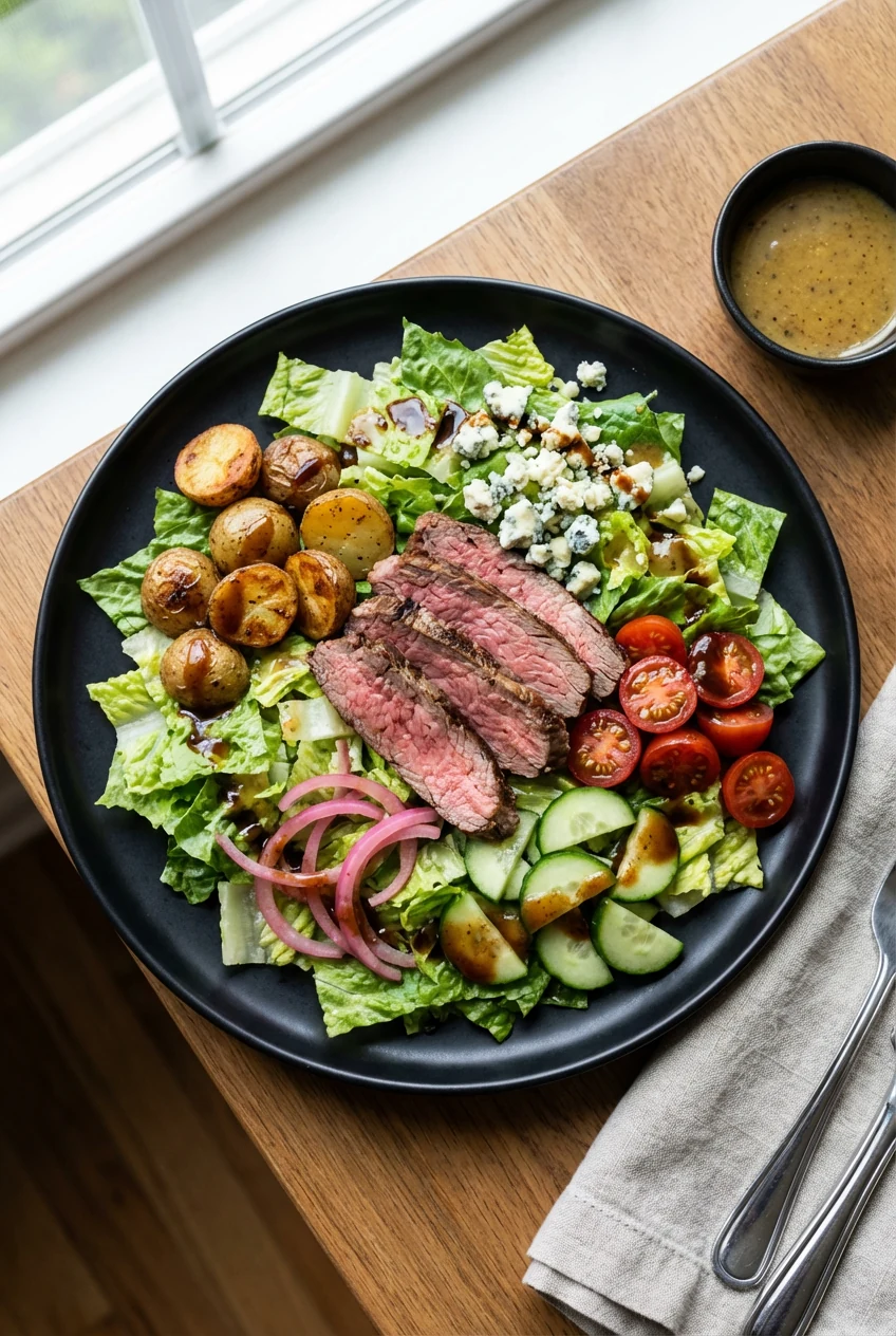 Final dish: Beautifully plated Steakhouse Chop Salad—romaine layered with warm roasted baby potatoes and thinly sliced f