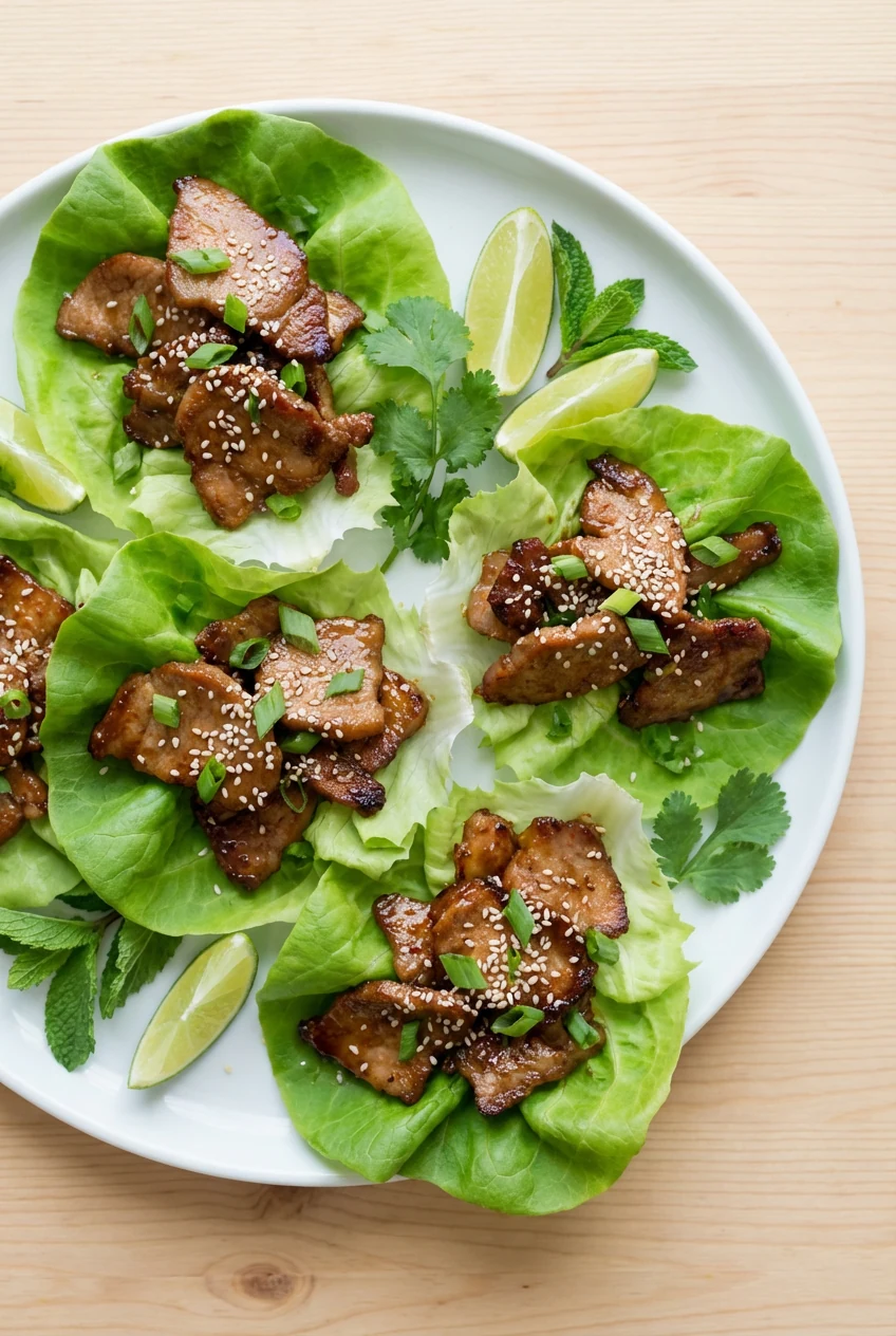 4. Tasty top view: overhead shot of butter lettuce wraps filled with glossy pork, sprinkled with sesame seeds and scalli