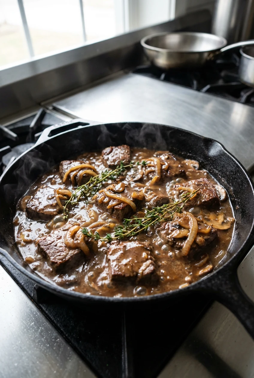 Cube steaks nestled back into a thickened beef gravy with onions, mushrooms, and thyme, gentle simmer in a black cast-ir
