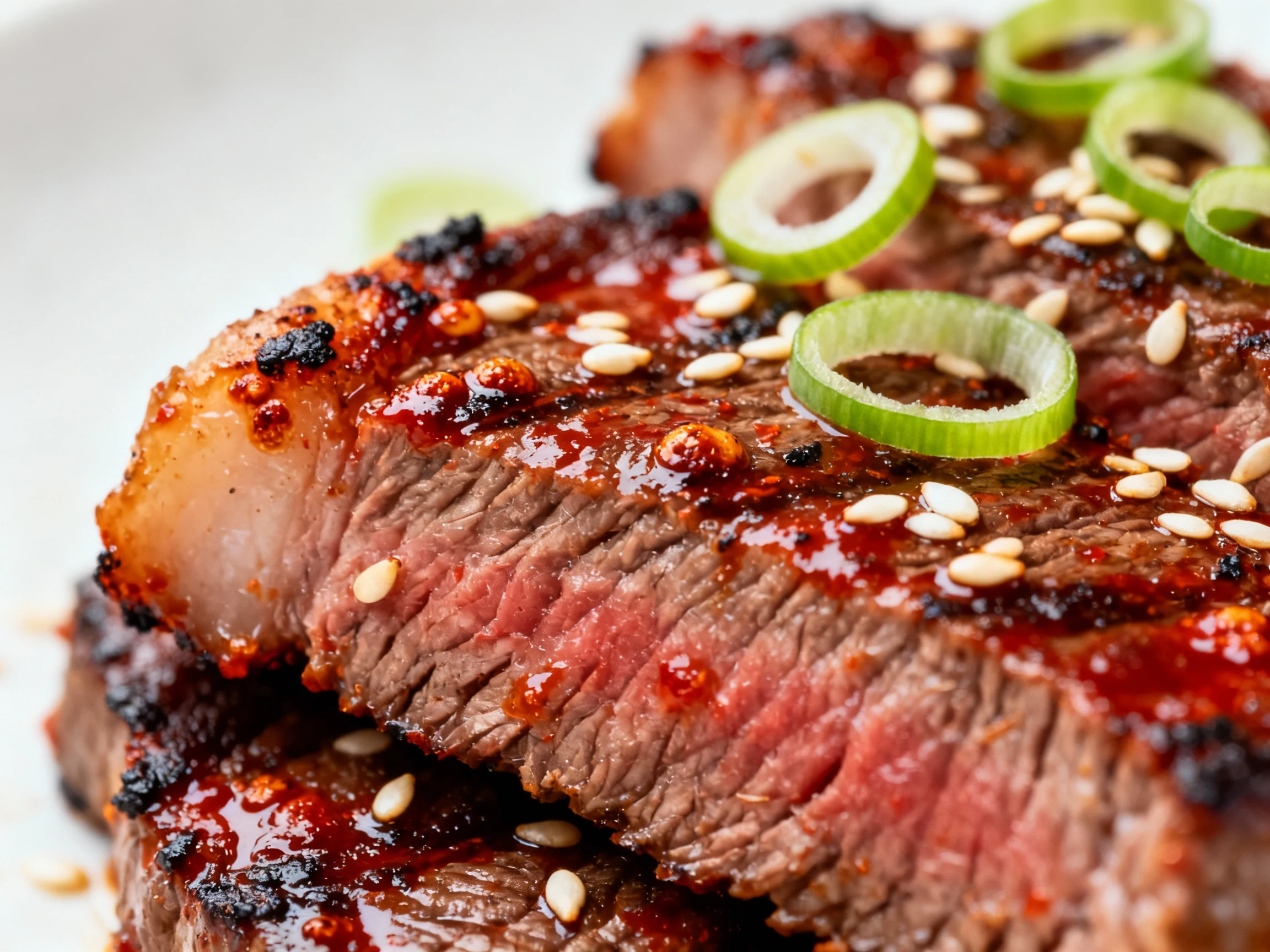 Food photography, Close-up detail: Korean BBQ-inspired skirt steak, lacquered gochujang sheen with caramelized edges, ti