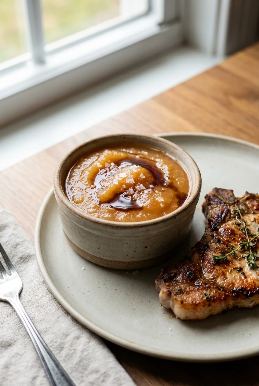 Top-down brunch plate of crisp waffles crowned with warm maple‑bourbon apple filling: brown‑butter caramel glaze clingin