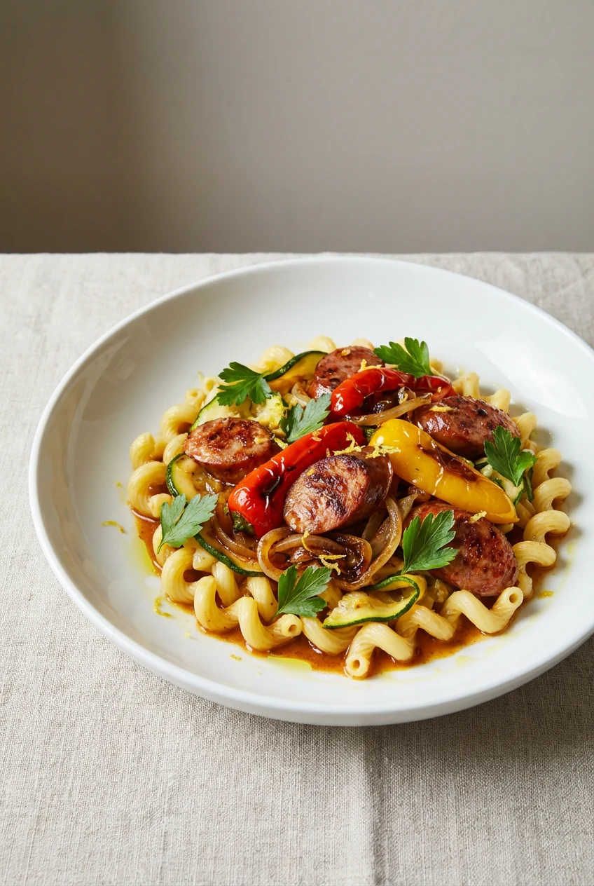 Beautifully plated final dish: seared sausage with peppers, onions, and zucchini over al dente short pasta, coated in a 
