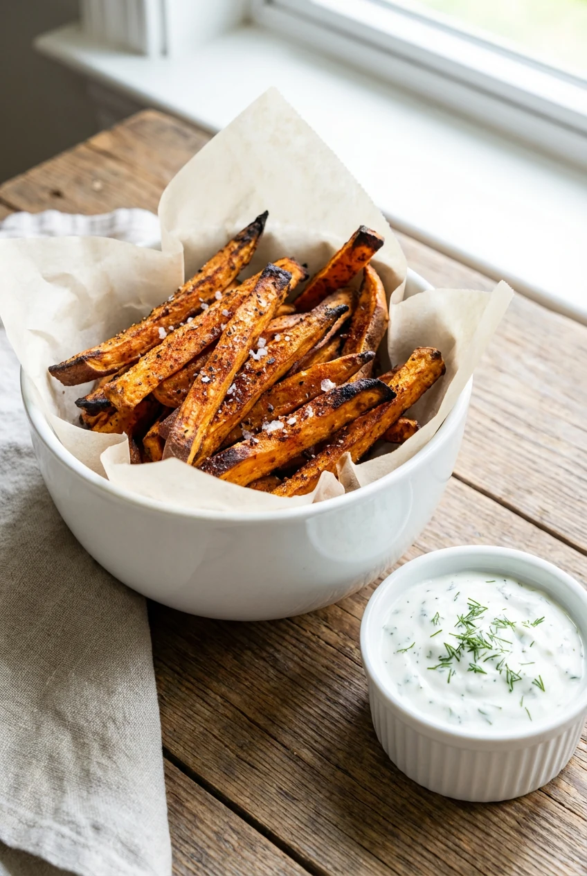 4. Final dish: Baked sweet potato fries in a parchment-lined white bowl—crisp edges, charred tips, smoked paprika, sea s