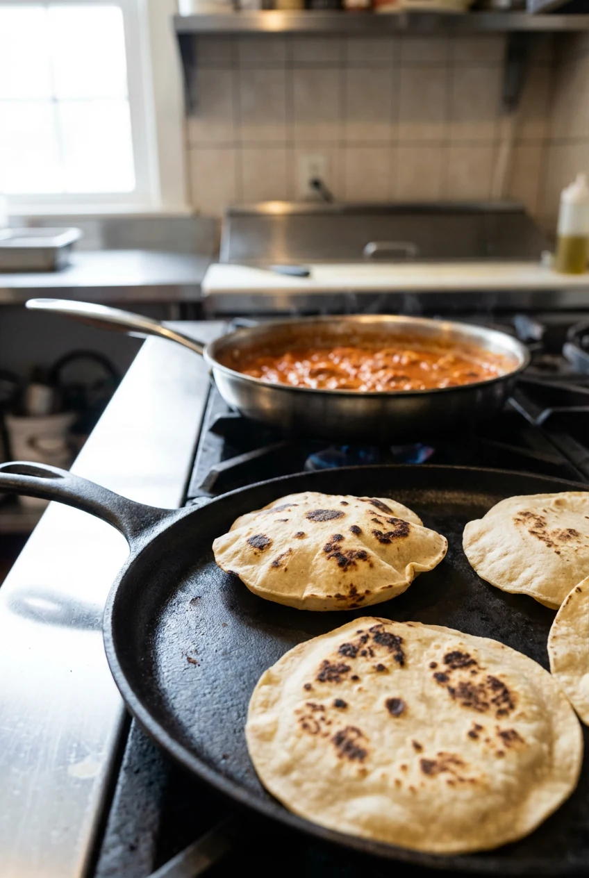 4. Cooking process: corn tortillas blistering on a dry skillet, light char spots and pliable edges in crisp focus, saucy