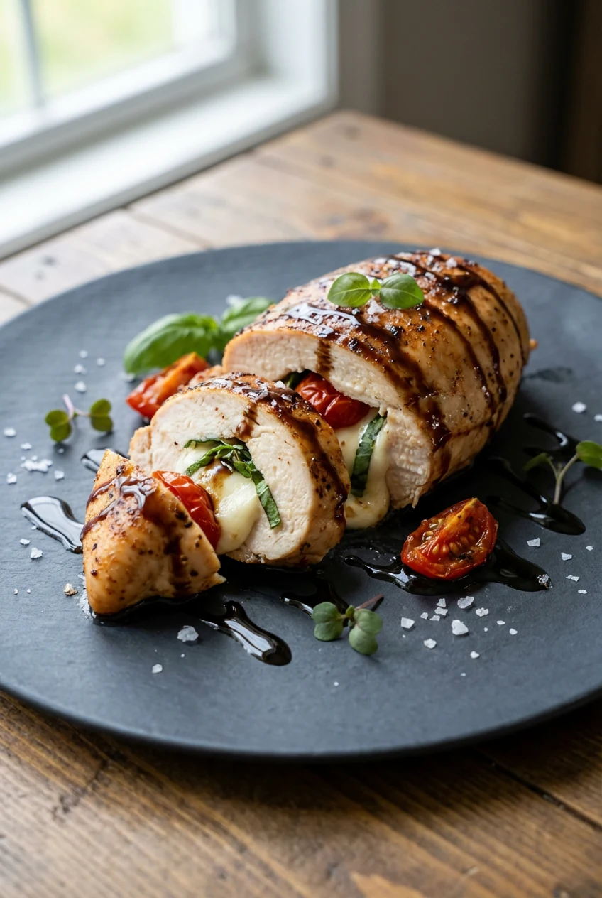 Caprese stuffed chicken final presentation, three-quarter angle: juicy breast sliced to reveal melted mozzarella, basil 