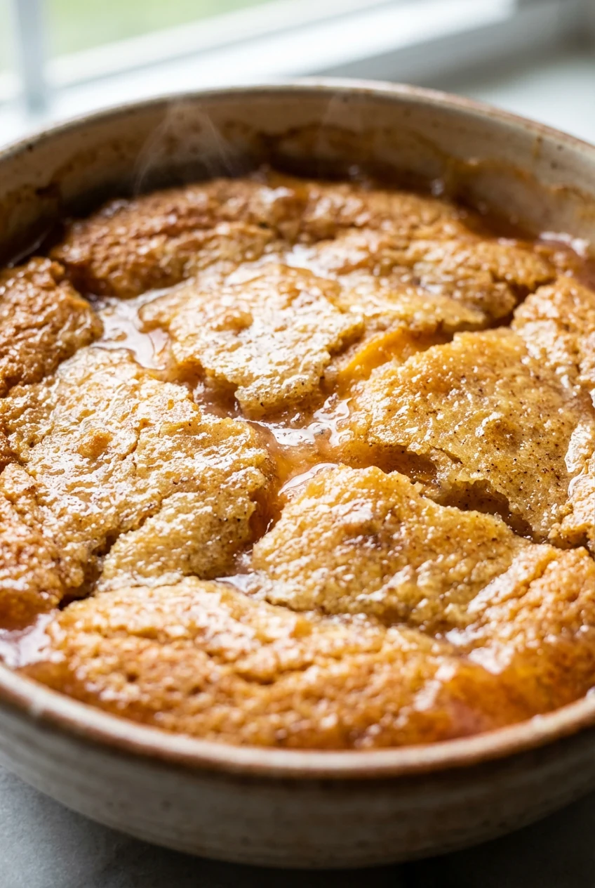 Close-up of quick peach cobbler with a deeply golden, buttery batter top, cinnamon–nutmeg speckles, crackled surface rev
