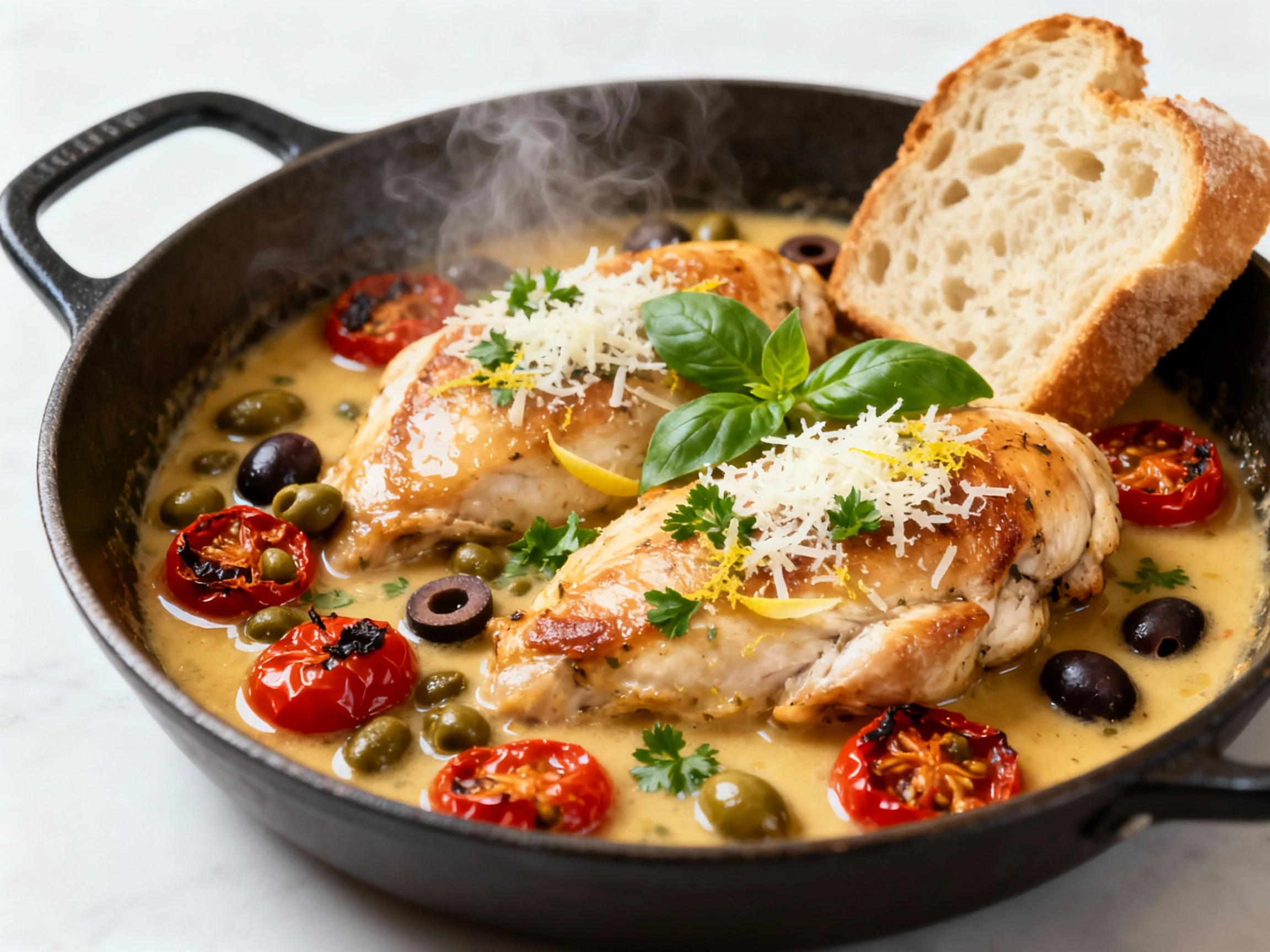 Food photography, Three-quarter hero of the finished chicken nestled in silky pan sauce; capers, blistered cherry tomato