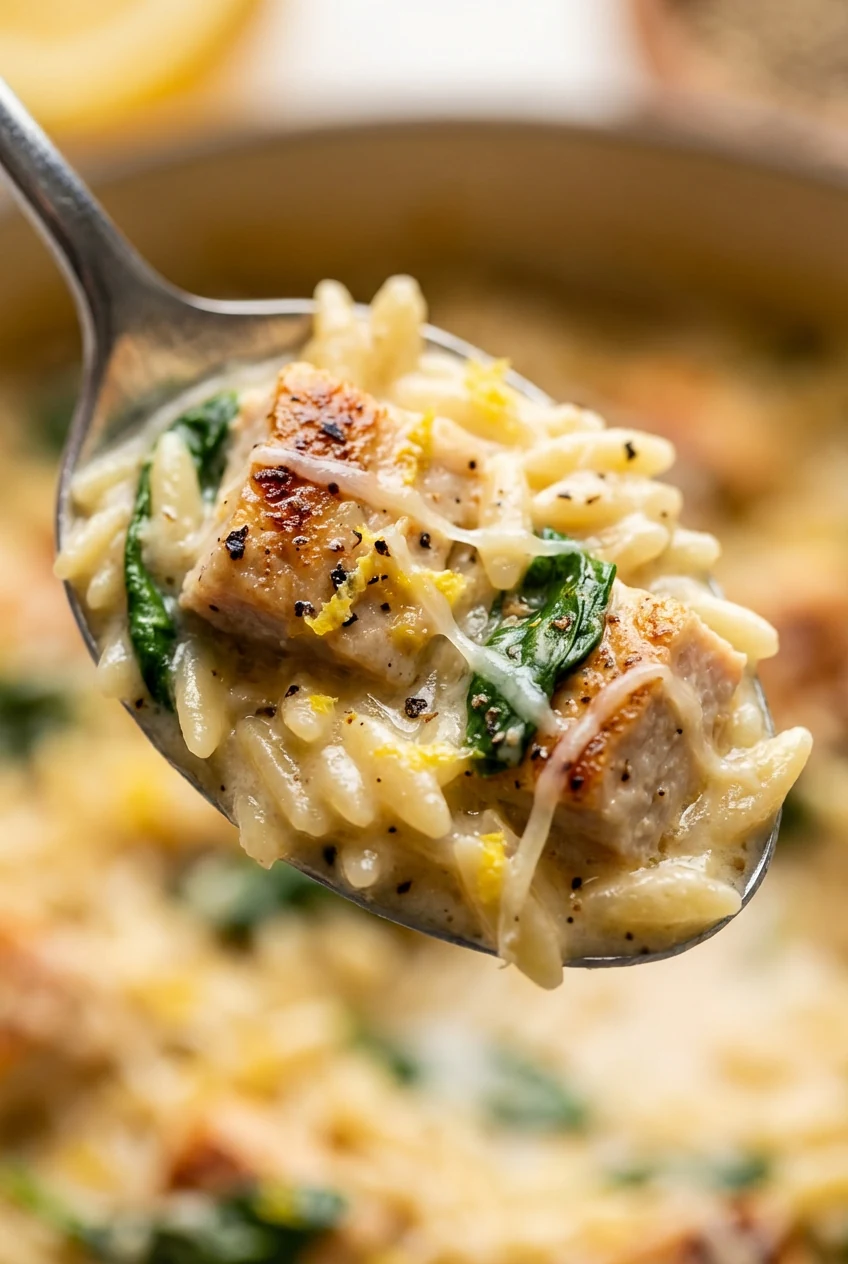 Extreme close-up of a spoonful of creamy chicken orzo: silky sauce clinging to pasta, juicy seared chicken, bright green