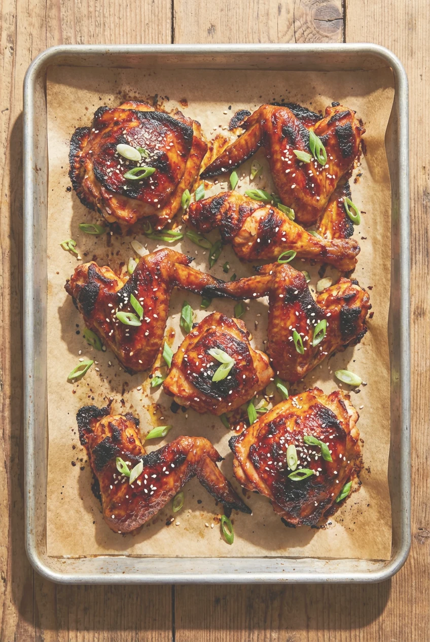 Top-down sheet-pan version just broiled: browned, lacquered chicken pieces with caramelized edges, brushed with reserved