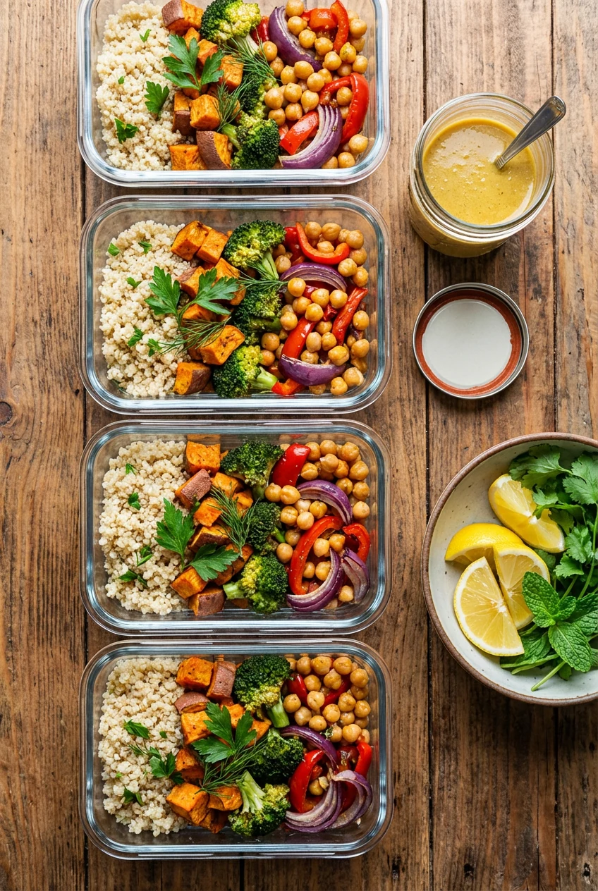 Top-down meal-prep scene: four tidy containers with quinoa and roasted veg/chickpeas, dressing stored separately in a sm