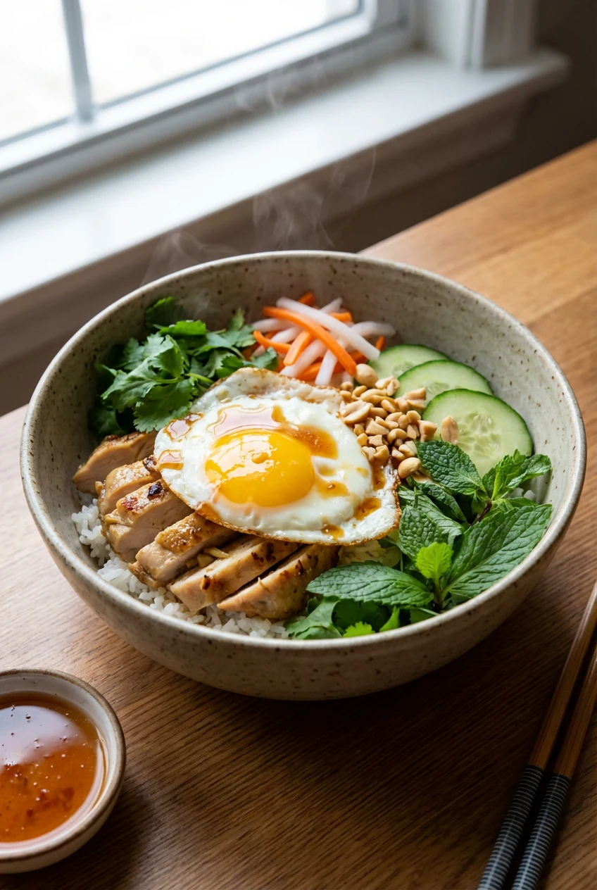 Final dish: Jasmine rice bowl remix—lemongrass chicken with a runny fried egg, cucumbers, pickled carrot–daikon, herb tr