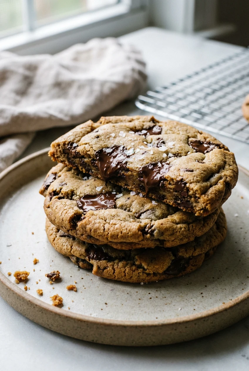 Final presentation: three giant bakery-style cookies with jagged edges and dramatic chocolate puddles stacked slightly o