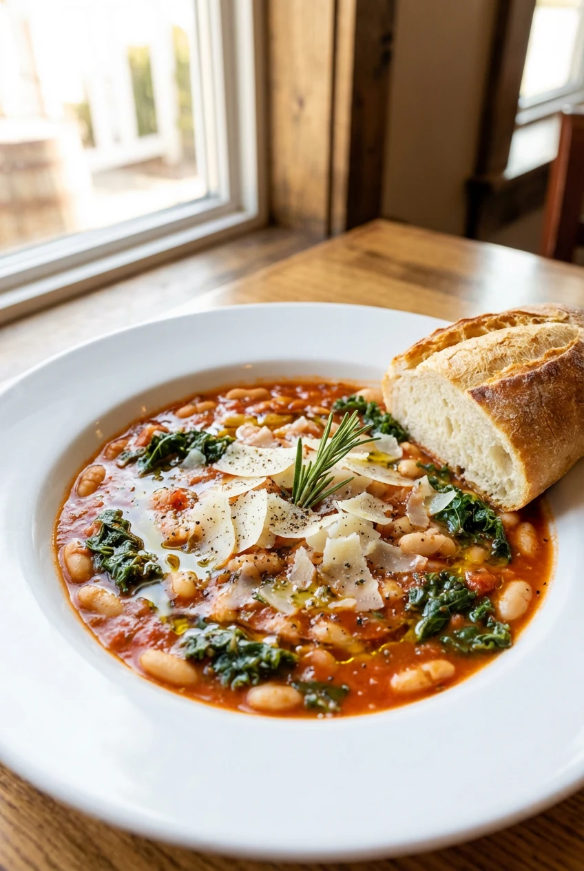 Final dish: Tuscan-style cannellini bean stew in a wide white bowl—rosemary-scented tomato base, tender greens, drizzle 