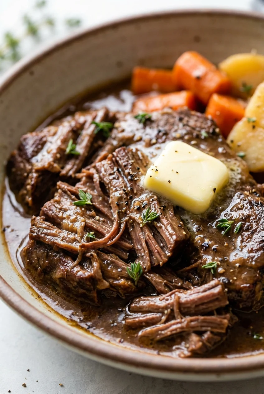 Macro close-up of shredded chuck roast glistening in silky gravy, pepper flecks, thyme, and a buttery sheen, with a carr