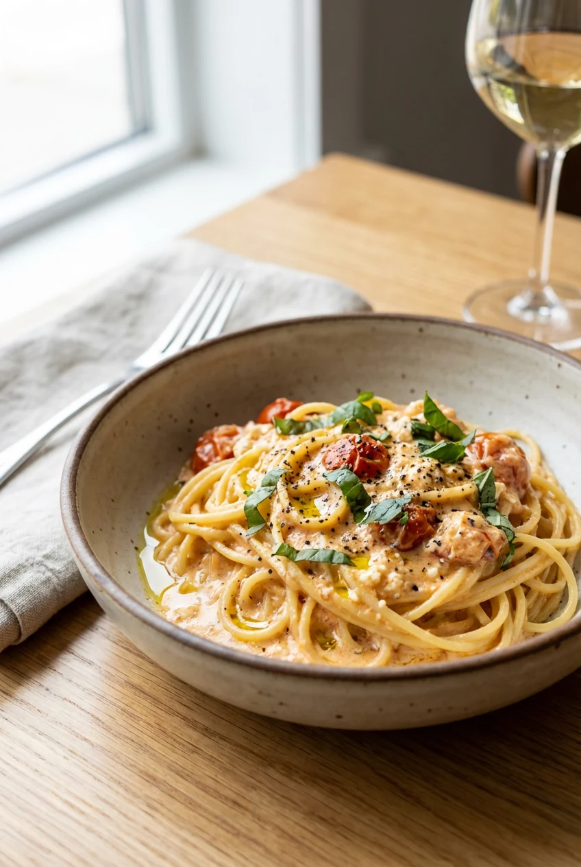 Final dish: beautifully plated baked feta pasta - al dente noodles cloaked in silky roasted tomato-feta sauce, topped wi