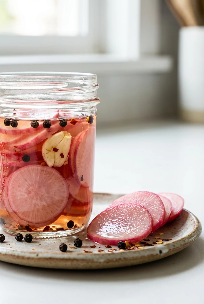 Close-up detail of quick pickled radishes: translucent pink radish slices glistening in rice-vinegar brine with whole bl