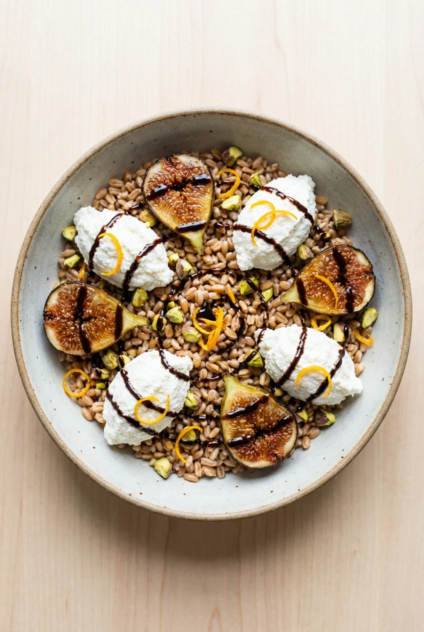 Top-down grain bowl: warm farro with dollops of whipped ricotta, roasted figs, pistachios, orange zest, shiny balsamic d