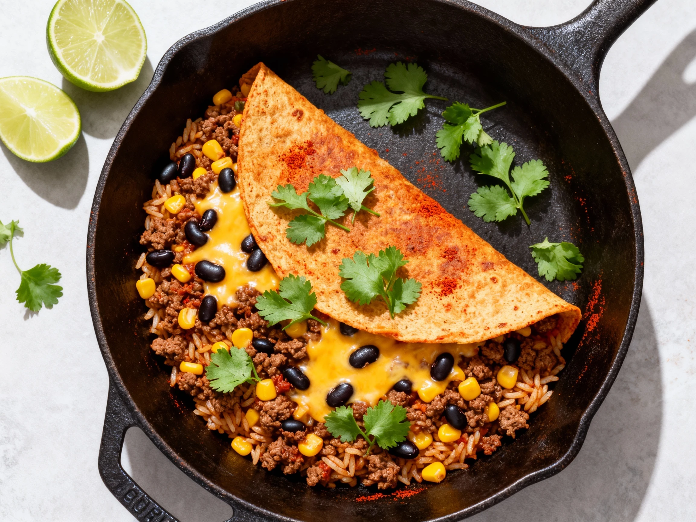 Food photography, Mexi-Skillet variation top view: beef-and-rice folded with corn and black beans, Monterey Jack melted,
