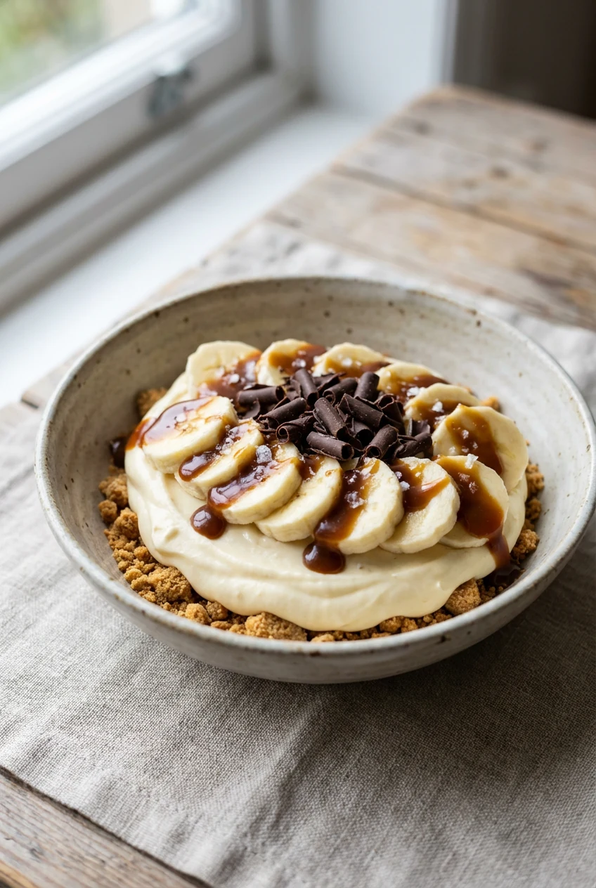 Final dish, Banoffee-ish bowls: eye-level profile showing layered digestive biscuit crumb, silky vanilla cream, neatly f