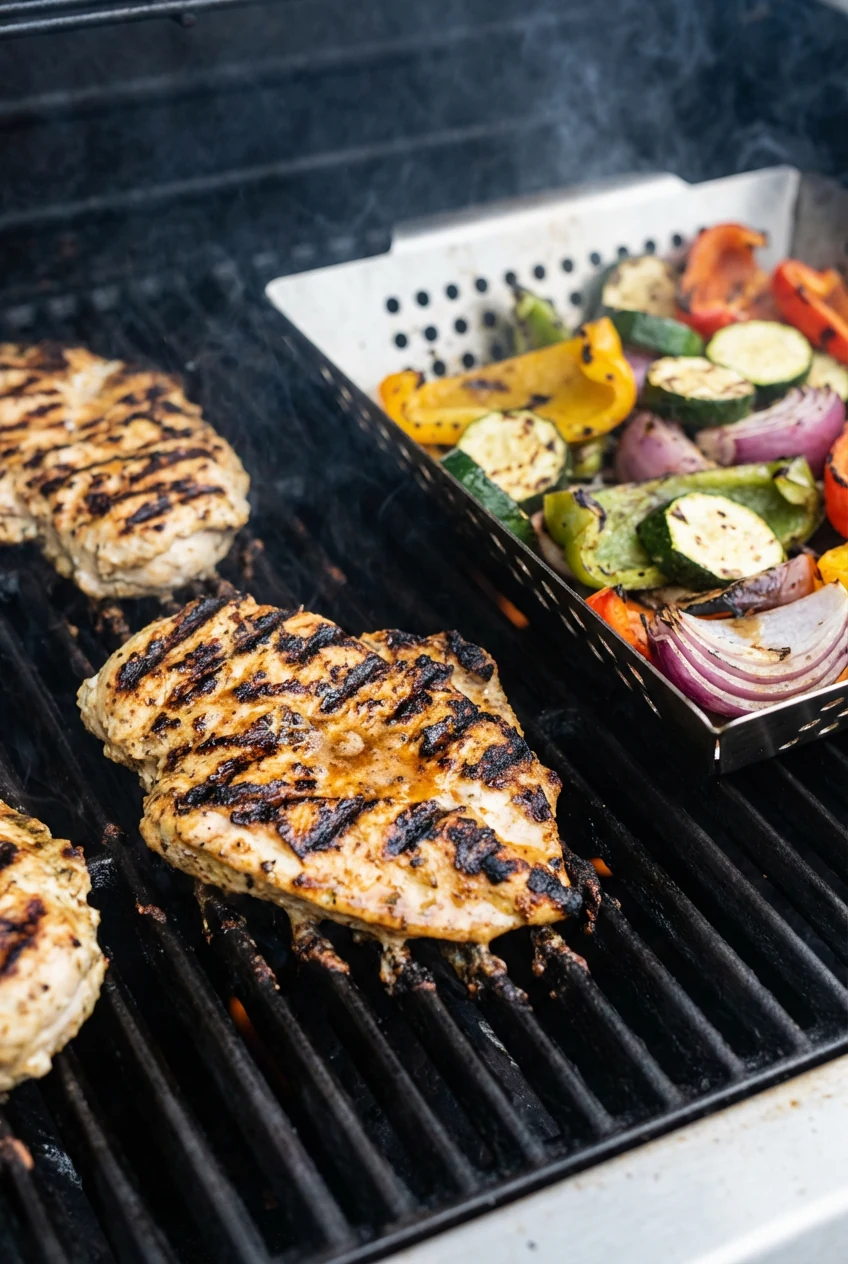 Cooking process shot: yogurt-marinated chicken cutlets searing on grill grates over medium-high heat with defined sear m