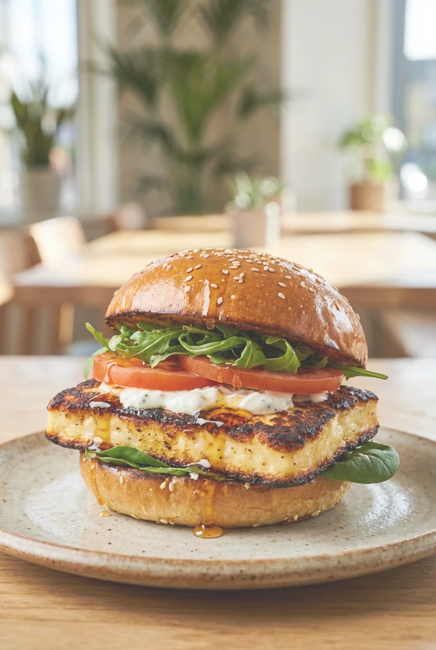45-degree hero shot of a halloumi burger: thick, crisply seared halloumi slab, garlic yogurt, ripe tomato, fresh greens,