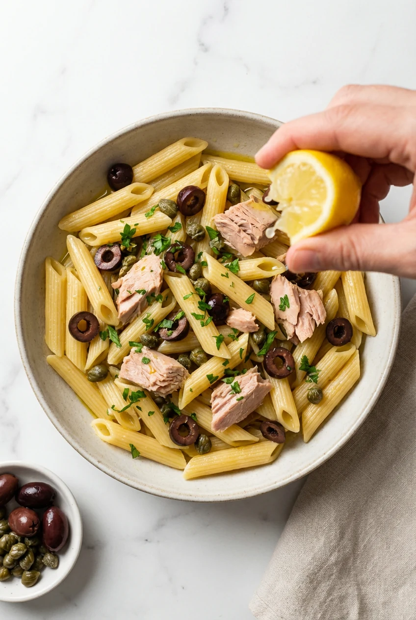 Top-down overhead: tuna, olive, and caper (puttanesca-lite) penne glistening with olive oil, briny capers and sliced oli