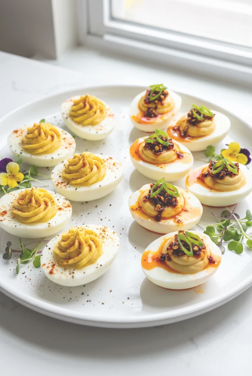 Beautifully plated deviled eggs two ways: classic with smoked paprika dust and pepper, and spicy with chili crisp and sl