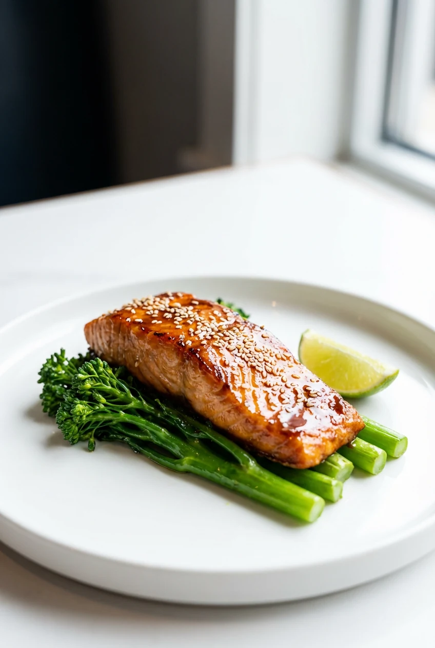 Beautifully plated miso-ginger salmon over crisp-tender broccolini, lacquered miso glaze and sesame seeds, lime wedge fo