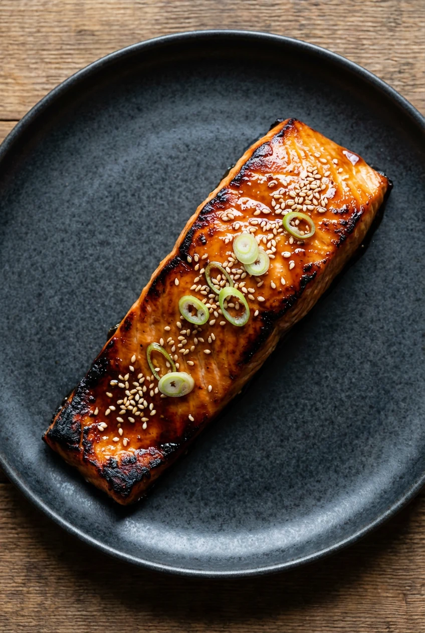 4. Top-down teriyaki variation: grilled salmon fillet brushed with glossy reduced teriyaki, toasted sesame seeds, thin s