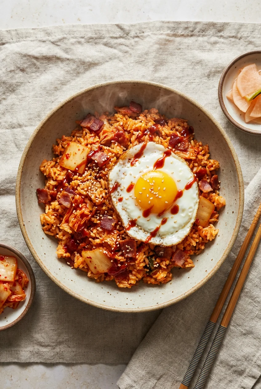 Tasty top view variant: Kimchi Bacon Rice—vibrant red kimchi-studded fried rice with tender egg, crisp bacon bits, sesam