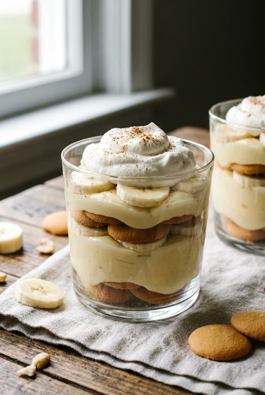 Layered banana pudding in clear glasses - vanilla wafers, creamy pudding, banana slices, whipped cream, light cinnamon s