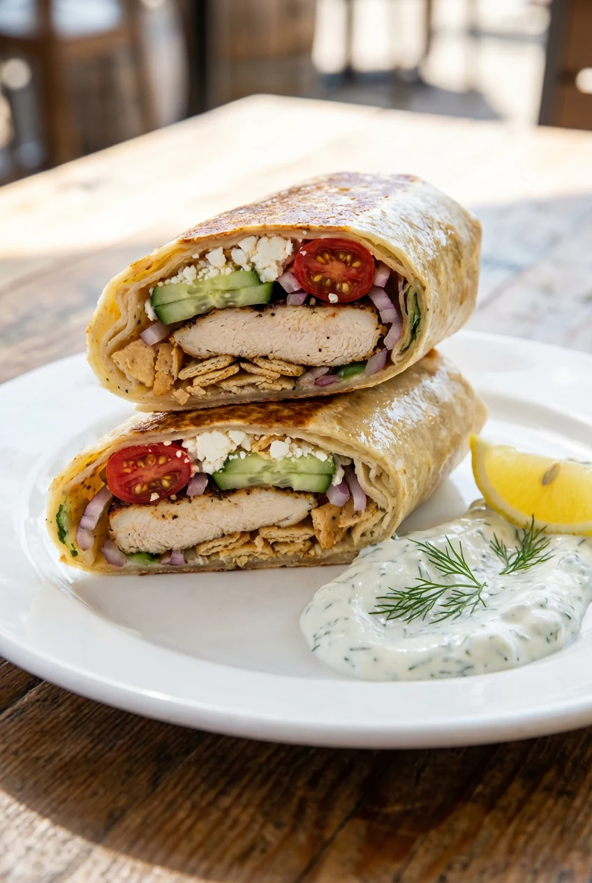 Beautifully plated Greek Tzatziki Chicken wrap, two bias-sliced halves stacked to show grilled chicken, cucumbers, seede