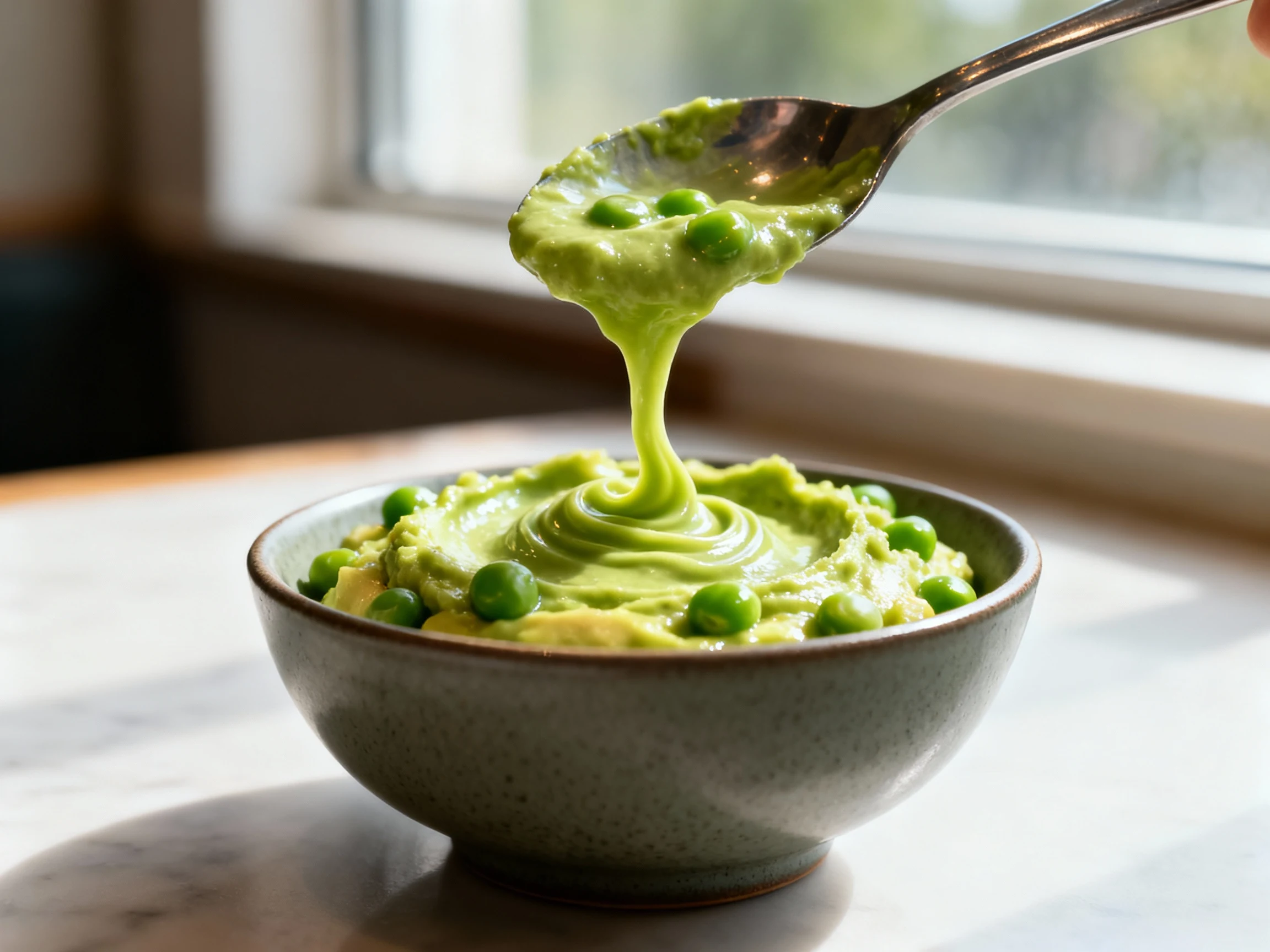Food photography, 4. Close-up detail: Ultra-smooth peas + avocado purée in a small matte bowl; luminous green, glossy sh