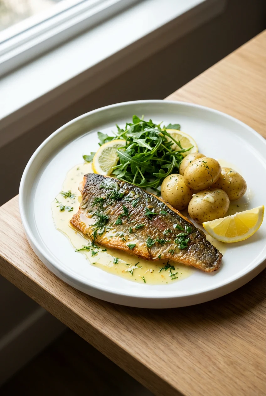 4. Restaurant-style plated trout: skin-side up fillet on a white rimmed plate, drizzle of lemon-butter sauce, sprinkle o