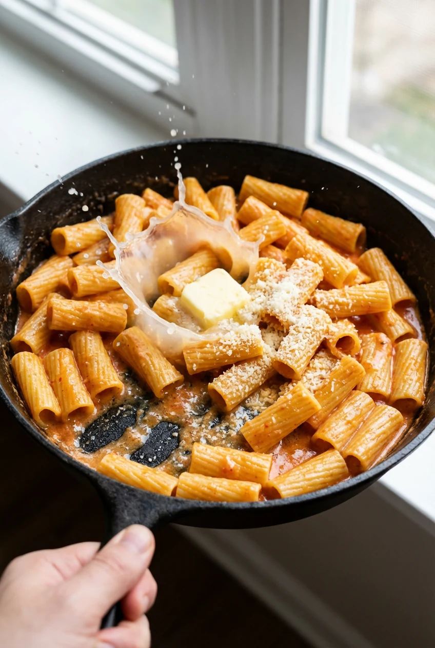 In-skillet action shot of rigatoni being tossed with the finished sauce and a splash of starchy pasta water; emulsified 