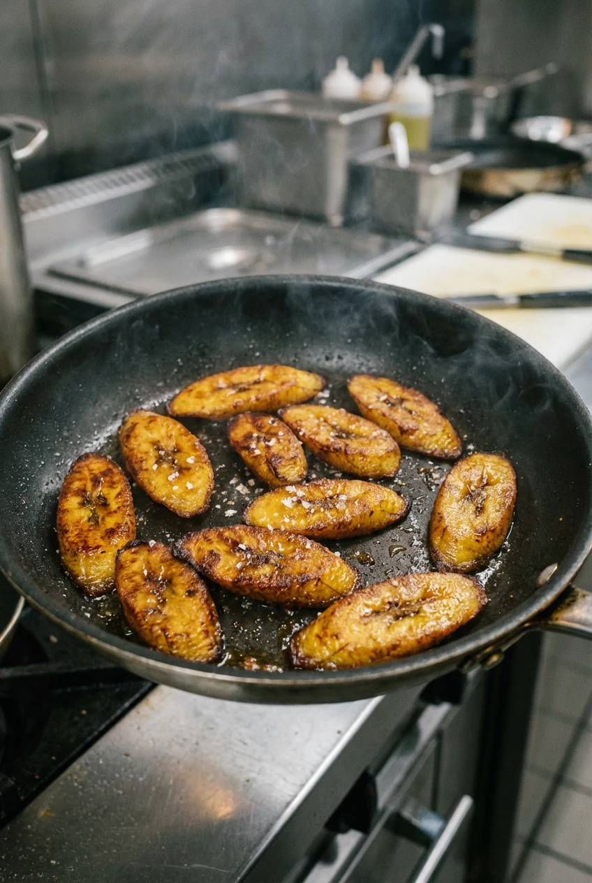 Plantains in the pan: bias-cut slices sizzling in a nonstick skillet, deep golden caramelization with crisp edges, gloss