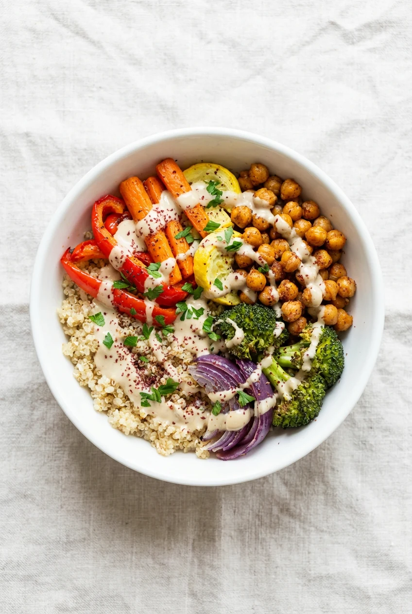 Variation top view: plant-powered bowl with crispy roasted no-salt-added chickpeas and the same rainbow roasted veg over