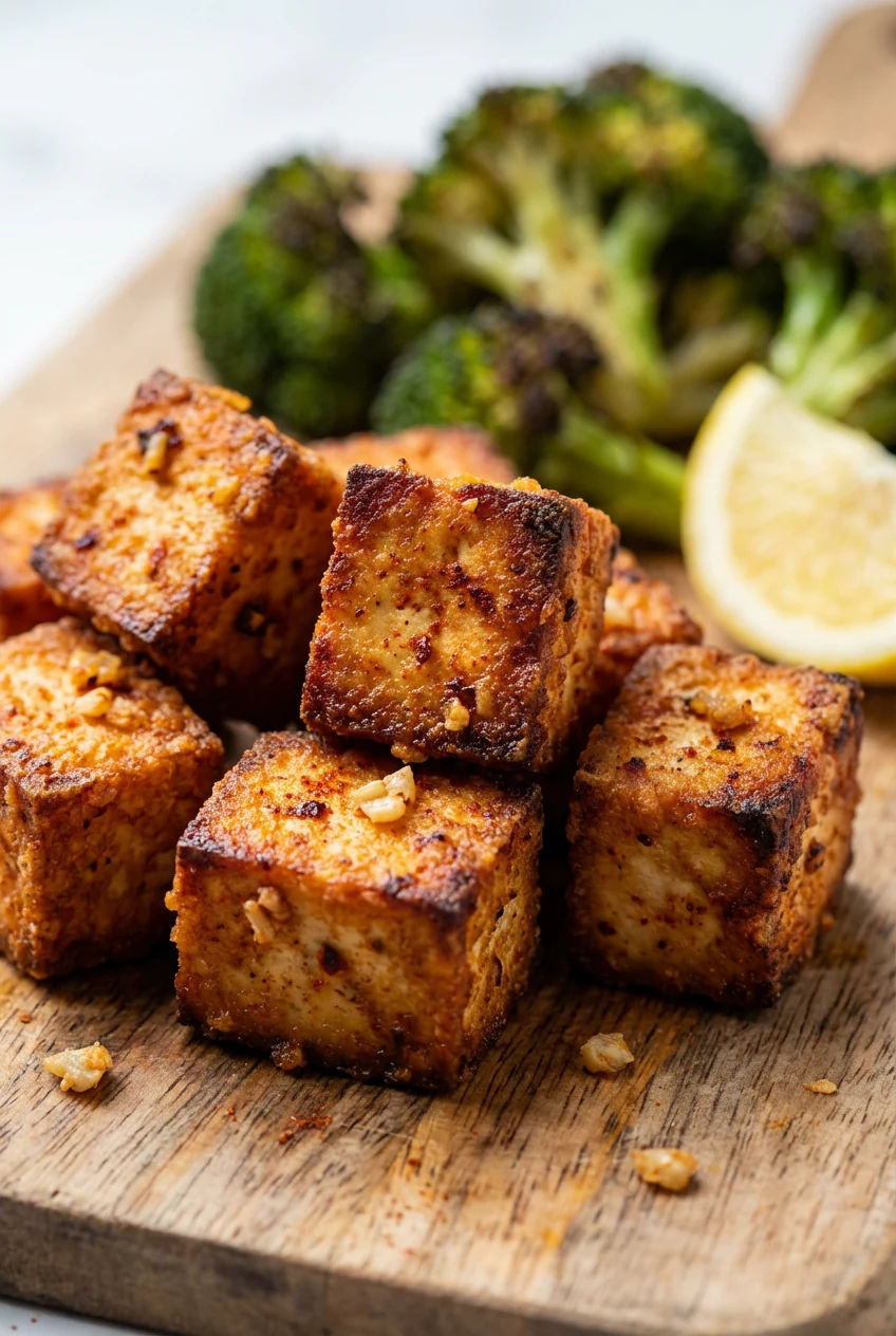 Close-up detail of smoky air-fried tofu crunch: extra-firm tofu cubes with crackly cornstarch crust, bronzed edges, papr