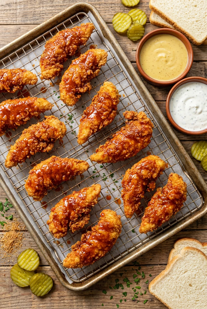 4. Tasty top view: Nashville Hot chicken tenders tossed in spicy oil (cayenne, paprika, brown sugar) with vivid red-oran