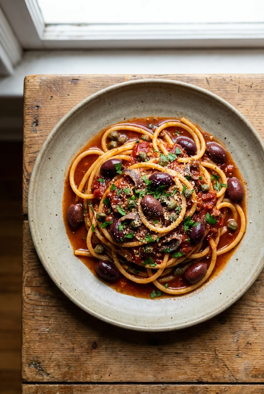 4. Tasty top view: bucatini puttanesca overhead on a matte ceramic plate; deep red sauce studded with kalamata olives an