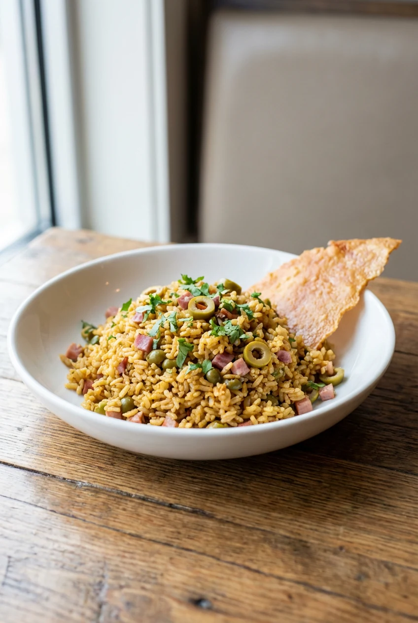Final plated presentation: a shallow white bowl mounded with arroz con gandules, flecks of smoked ham, green olive slice