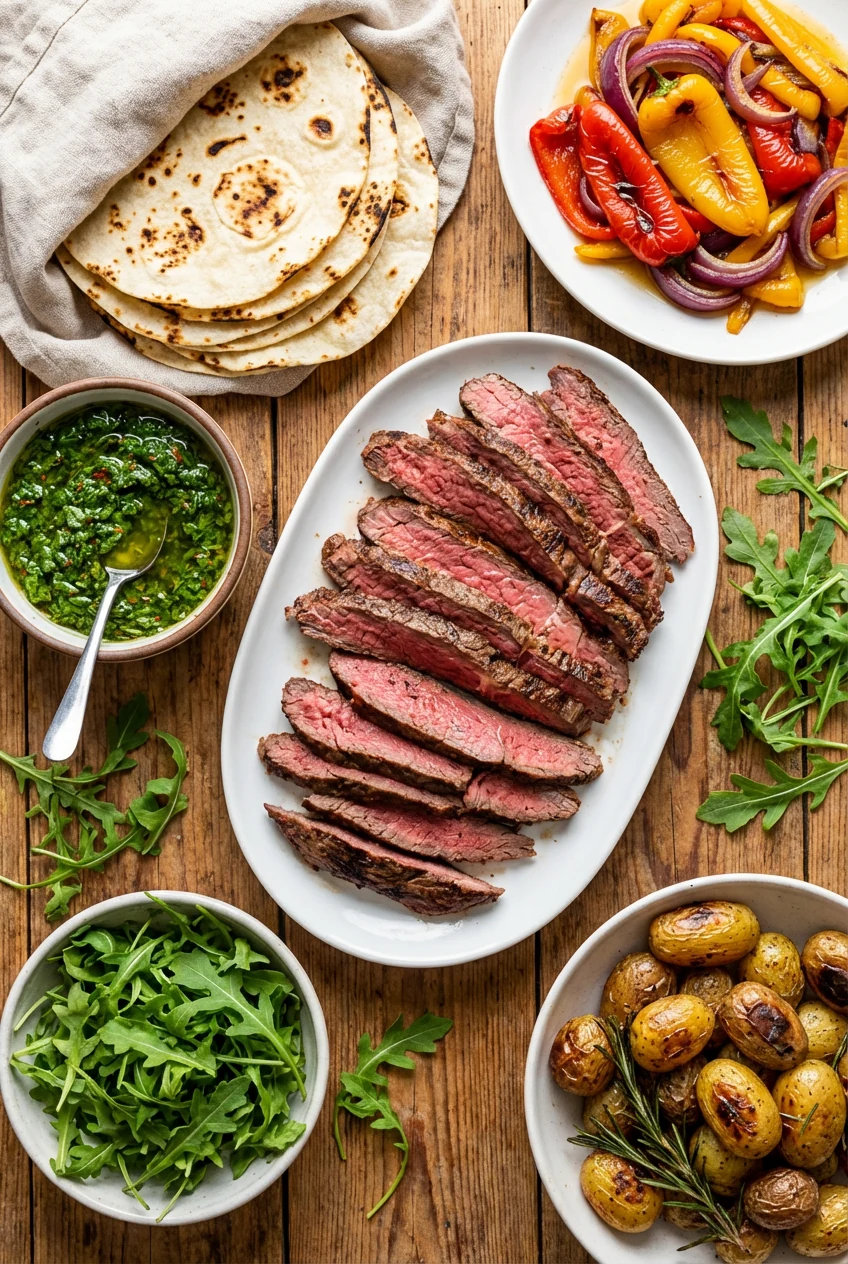 Tasty top-down spread for serving: warm tortillas, platter of sliced flank steak, roasted peppers and red onion, bowl of