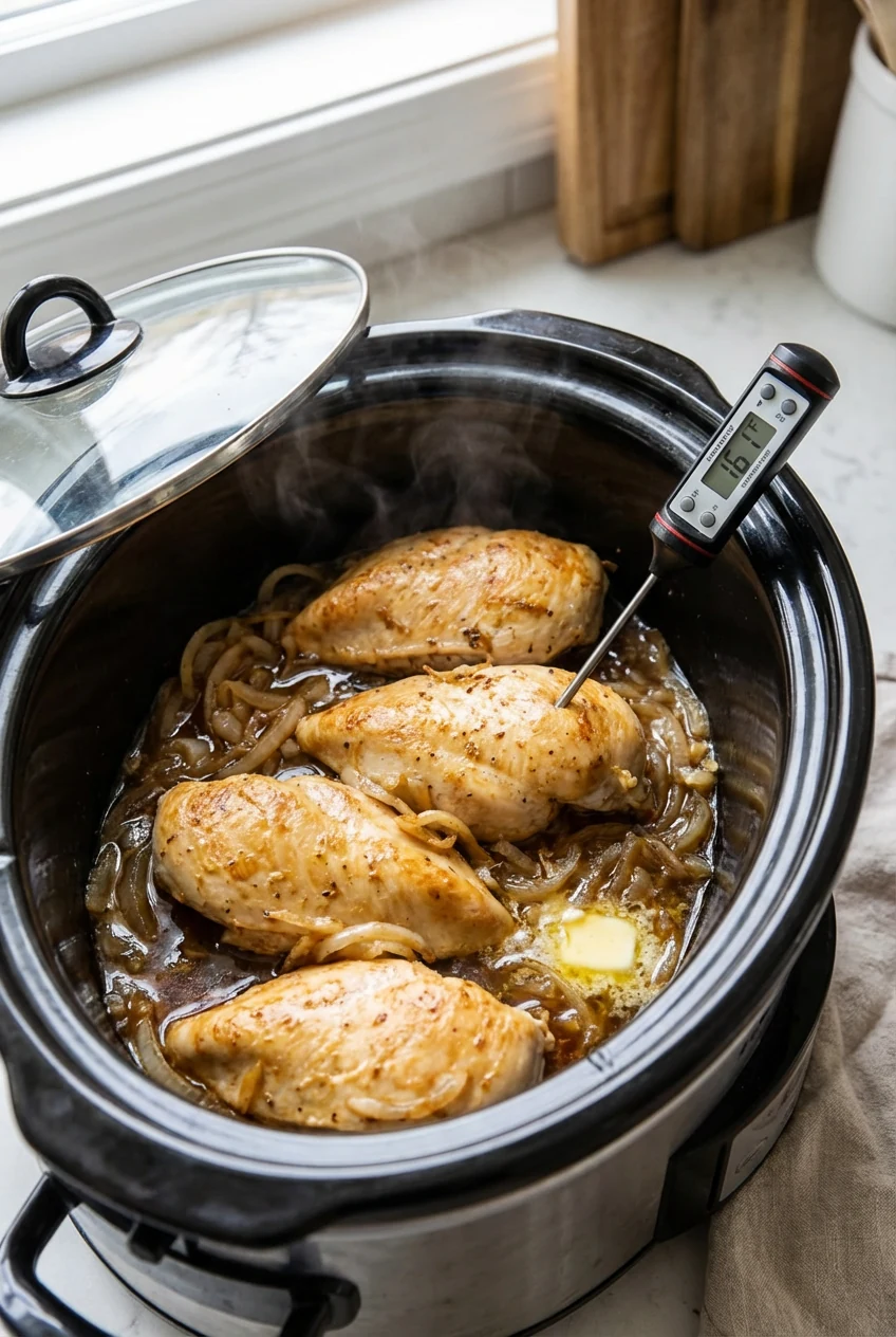 Cooking process: cooked chicken breasts resting in a slow cooker in a single snug layer over tender onions, umami-rich b