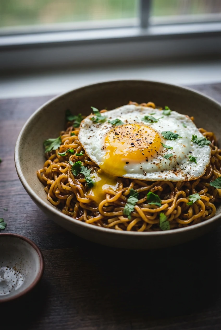 4. Final plated: Anda-style Maggi in a matte bowl topped with a runny fried egg; yolk cascading over saucy noodles, pepp