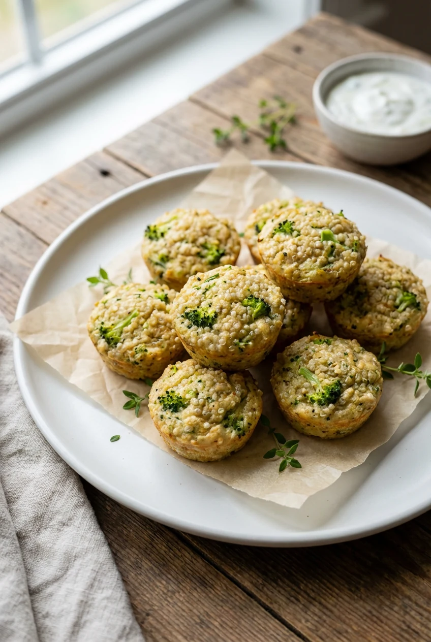 Beautifully plated Broccoli–Quinoa Bites: mini muffin-shaped rounds with visible quinoa pearls and tender green broccoli