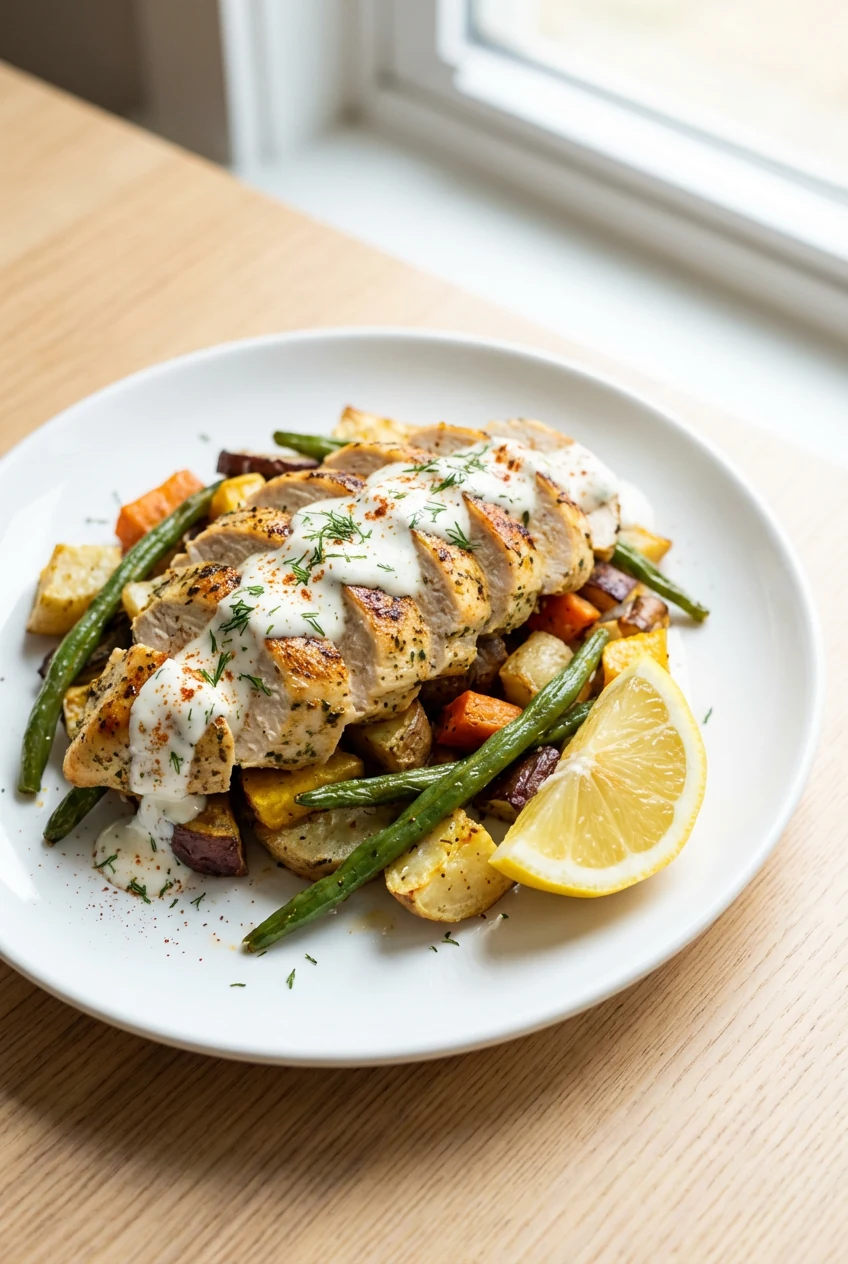 Final plated one-pan lemon-herb chicken and vegetables on a white plate: chicken fanned over veg, nappe of creamy yogurt