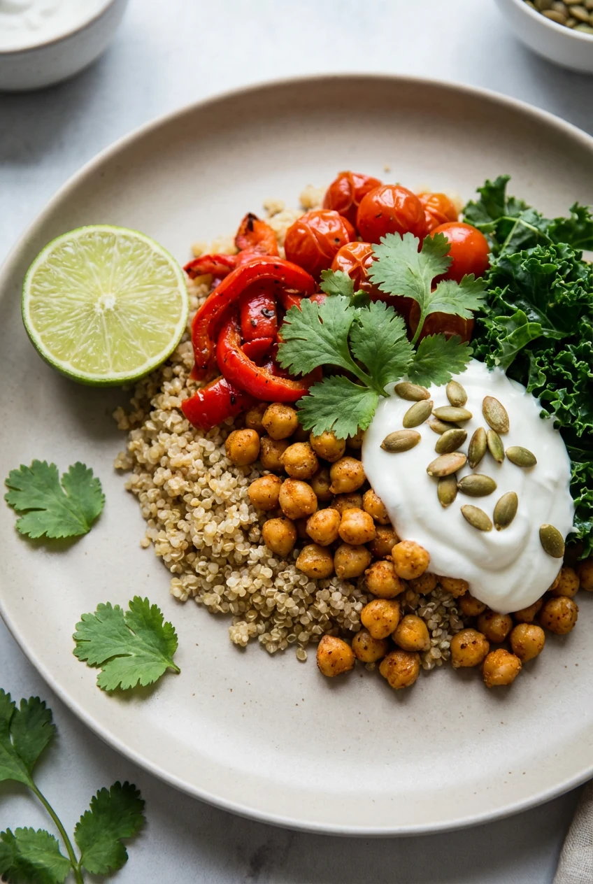 Restaurant-quality final plate: quinoa–chickpea bowl finished with lime juice and cilantro, balanced warm reds and brigh