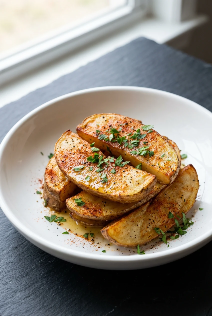 Final dish presentation: steakhouse-style roasted russet potatoes stacked in a wide white bowl, glossy with garlic butte