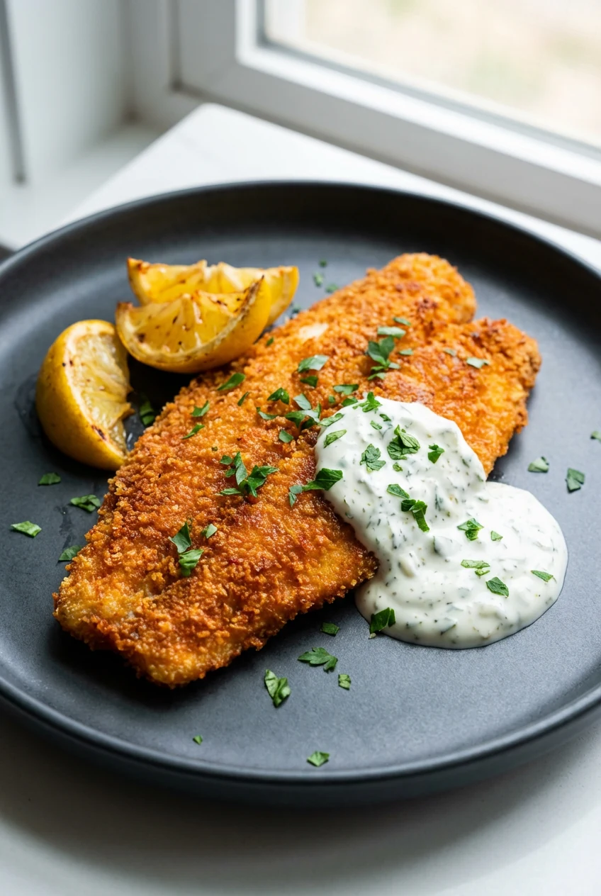 Final plated: air-fryer Cajun panko-crunch flounder on a dark matte plate, ultra-crisp crust, warm spice color, lemon we